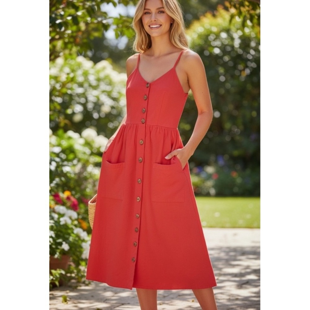 Japna Button Front Pleated Midi Dress Womens S Red Smocked Back Pockets Coastal